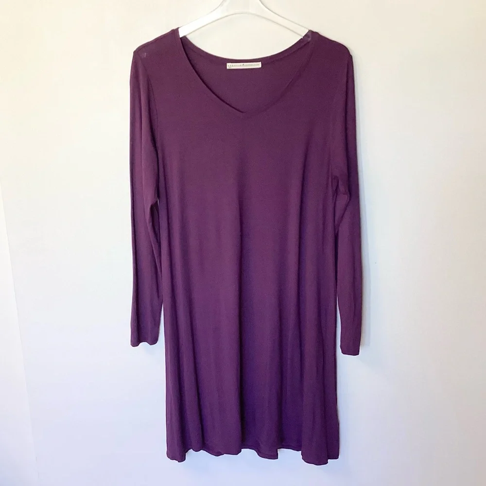 Peruvian Connection Long Sleeve V-Neck Stretch Jersey Dress - Purple - L - Picture 2 of 7